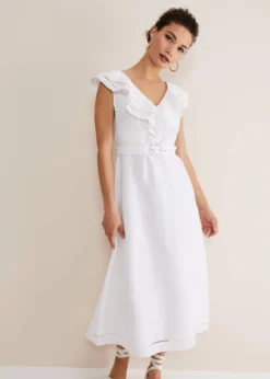 Julieta White Linen Ruffle Broderie Midi Dress -TrendLust Verkäufe 221567055 03 julieta white linen ruffle broderie midi dress