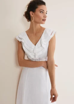 Julieta White Linen Ruffle Broderie Midi Dress -TrendLust Verkäufe 221567055 05 julieta white linen ruffle broderie midi dress
